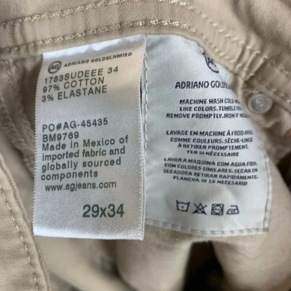 AG Adriano Goldschmied The Tellis Pants Mens 29 Khaki Slim Fit Chino‎